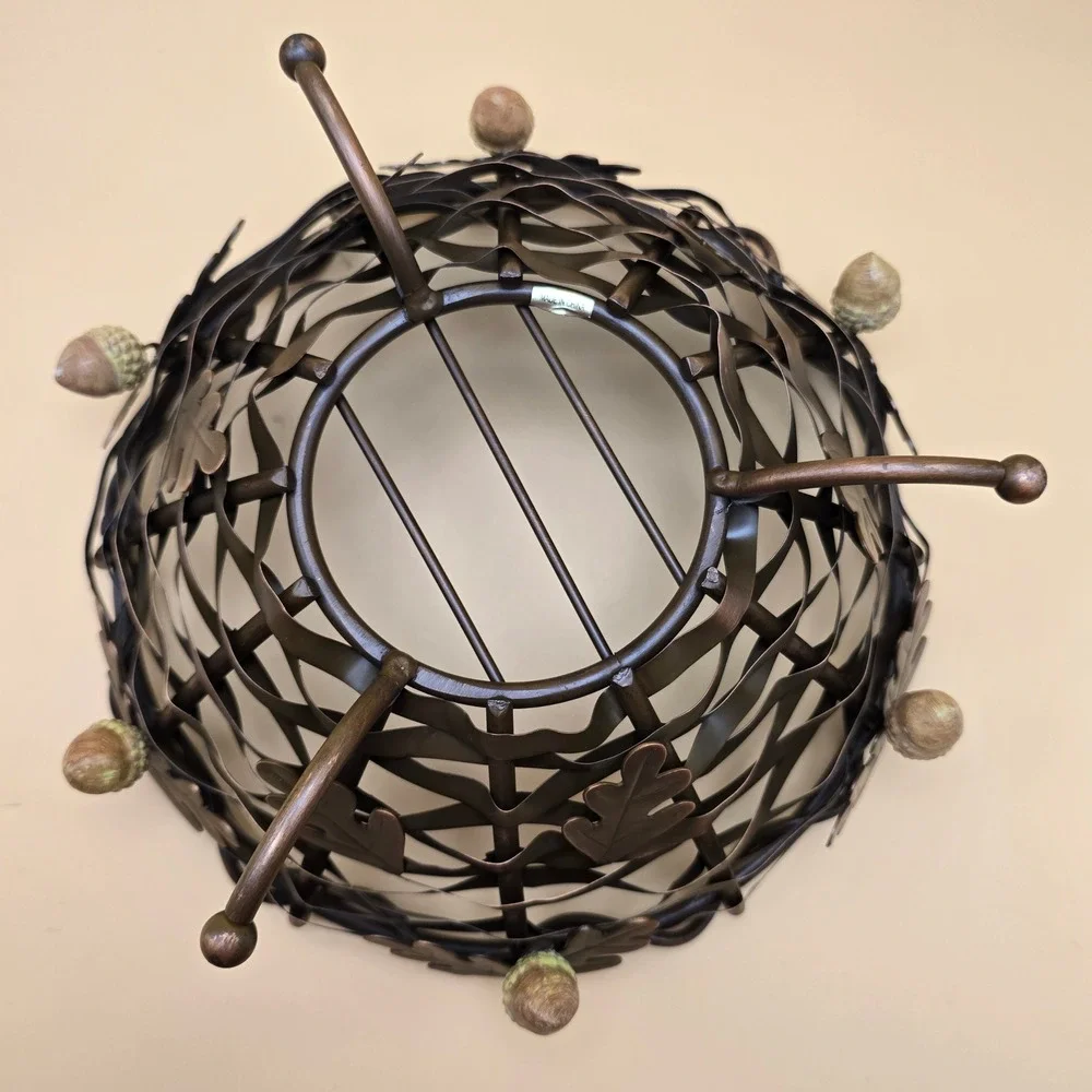 Harvest Time Copper Metal Basket Oak Leaf Acorn Woven Fruit Bowl Autumn Decor